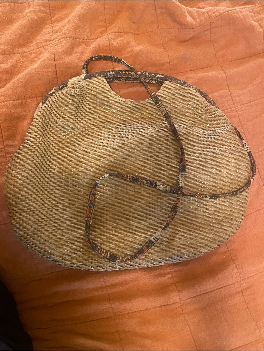 Woven Straw Crossbody Bag in Natural with Geometric Accents